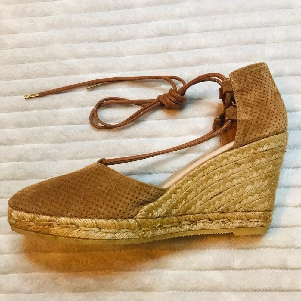 Eric Michael Sam Wedge Espadrilles Lace Up Tan Platform Sandals Size 39 9